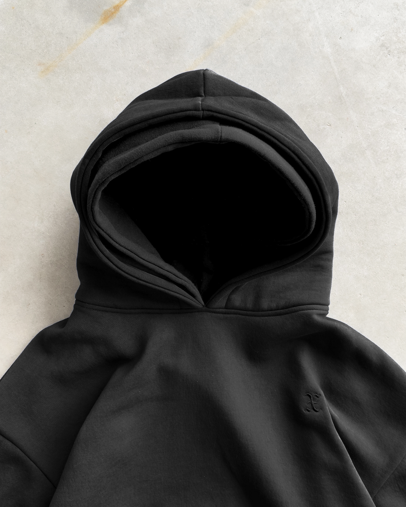 BLACK DOUBLE HOODED X HOODIE
